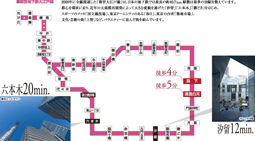 2000年に全線開通した「都営大江戸線」は、日本の地下鉄では最長の約40.7km、駅数は最多の38駅を数えています。都心を環状に走り、近年の大規模再開発によって大きな変貌を遂げた「汐留」「六本木」「勝どき」をはじめ、スポーツのメッカ「国立競技場」、東京ドームシティのある「春日」、東京の台所「築地市場」、文化・芸術の街「上野」など、バラエティーに富んだ街を結んでいます。