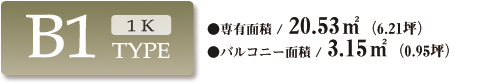 B1type 専有面積／20.53m²（6.21坪） バルコニー面積／3.15m²（0.95坪）