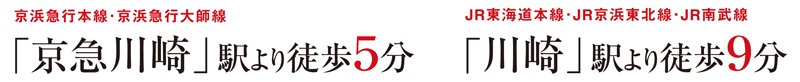 京浜急行本線・京浜急行大師線「京急川崎」駅より徒歩5分、JR東海道本線・JR京浜東北線・JR南武線「川崎」駅より徒歩9分