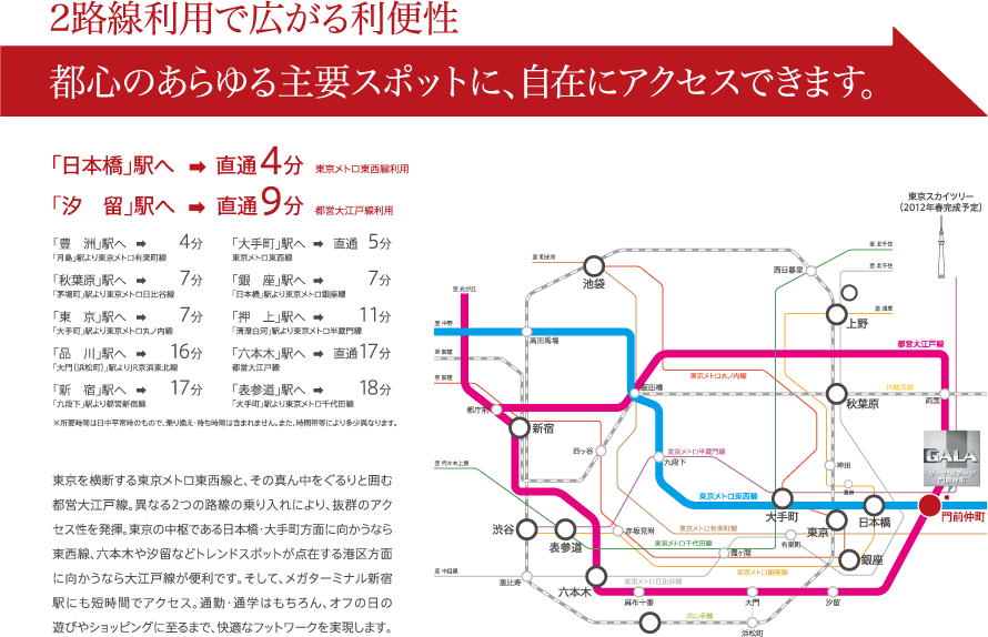 2路線利用で広がる利便性。都心のあらゆる主要スポットに、自在にアクセスできます。