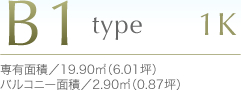 B1type1K専有面積／19.90m²（6.01坪）バルコニー面積／2.90m²（0.87坪）