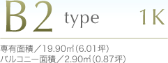 B2type1K専有面積／19.90m²（6.01坪）バルコニー面積／2.90m²（0.87坪）