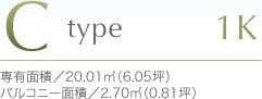 Ctype1K専有面積／20.01m²（6.05坪）バルコニー面積／2.70m²（0.81坪）