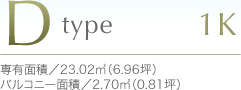 Dtype1K専有面積／23.02m²（6.96坪）バルコニー面積／2.70m²（0.81坪）