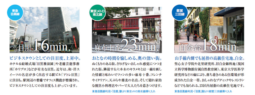 目黒　16分　/　麻布十番　23分　/　白金台　18分