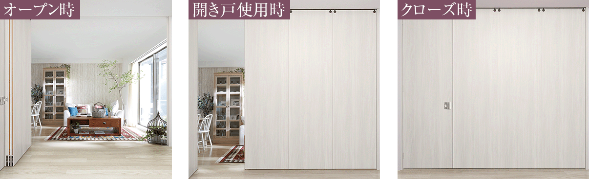 オープン時｜開き戸使用時
                ｜クローズ時