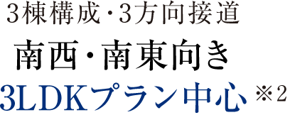 3棟構成・3方向接道 南西・南東向き 3LDKプラン中心 近接※2
