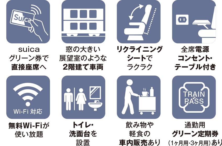 suicaグリーン券で直接座席へ/窓の大きい展望室のような2階建て車両/リクライニングシートでラクラク/全席電源コンセント・テーブル付き/無料Wi-Fiが使い放題/トイレ・洗面台を設置/飲み物や軽食の車内販売あり/通勤用グリーン定期券（1ヶ月用・3ヶ月用）あり