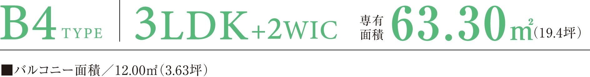 B4　TYPE｜3LDK+2WIC 専有面積63.30㎡（19.4坪）｜■バルコニー面積／12.00㎡（3.63坪）