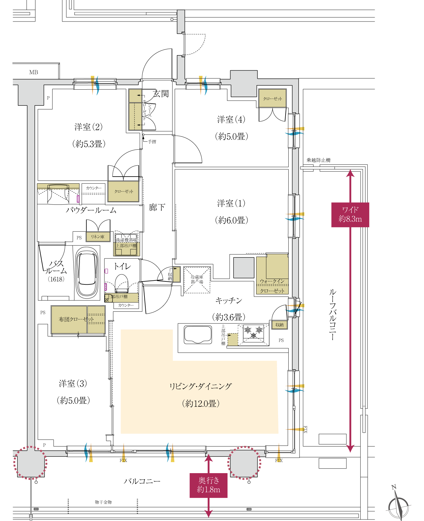 Irタイプ 間取り図(洋室(1)〜(4)・リビング・ダイニング・キッチン・ウォークインクローゼット・布団収納・バルコニー・ルーフバルコニー など)