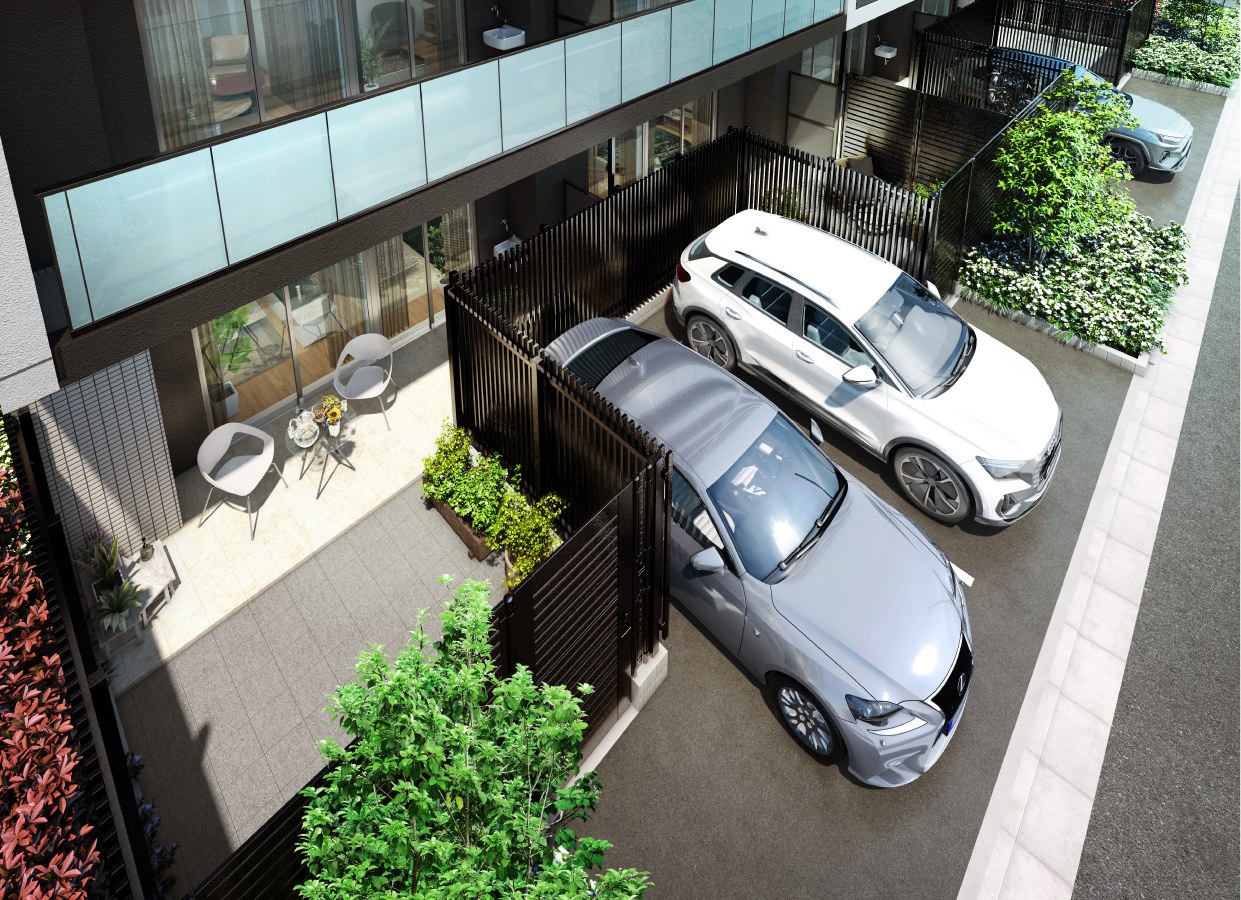 東向き住戸 テラス・専用庭・専用駐車場完成予想CG