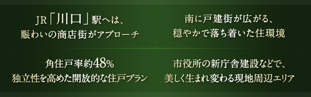 JR「川口」駅へは、賑わいの商店街がアプロー チ 南に戸建街が広がる、穏やかで落ち着いた住環境 角住戸率約48%独立性を高めた開放的な住戸プラン 市役所の新庁舎建設などで、美しく生まれ変わる現地周辺エリア