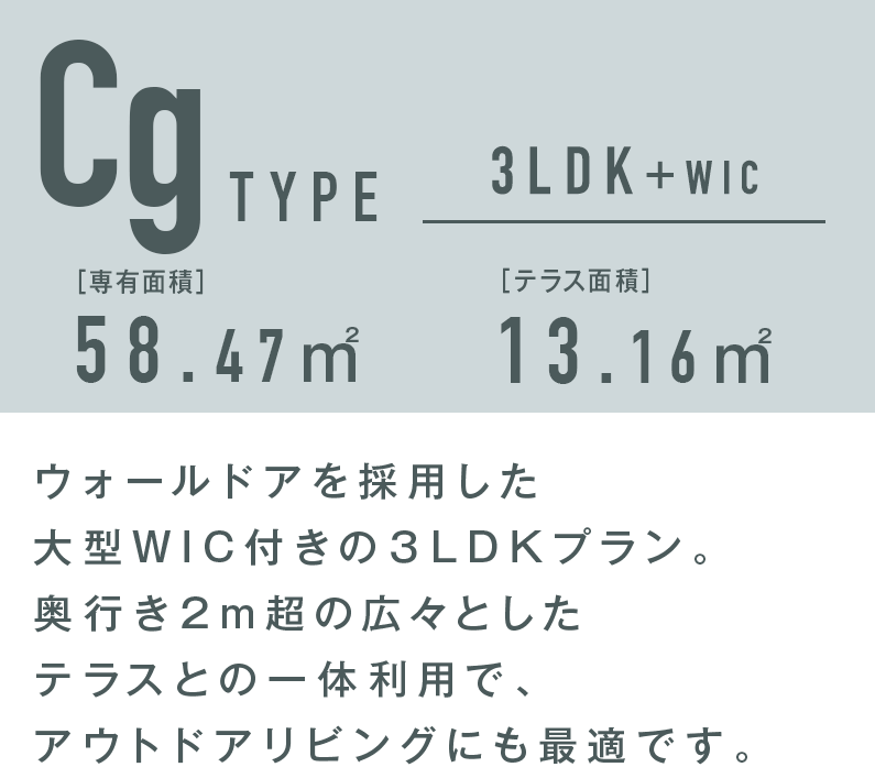 ライフスタイルや気分に応じて間取りを柔軟に変更できるウォールドアを採用した大型WIC付3LDKプラン。