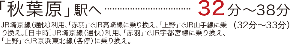 「秋葉原」駅へ32分〜38分（32分～33分）／JR埼京線（通快）利用、「赤羽」でJR高崎線に乗り換え、「上野」でJR山手線に乗り換え。［日中時］JR埼京線（通快）利用、「赤羽」でJR宇都宮線に乗り換え、「上野」でJR京浜東北線（各停）に乗り換え。