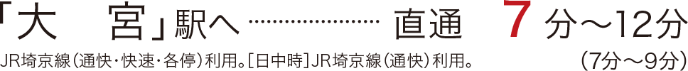 「大　宮」駅へ直通7分〜12分（7分～9分）／JR埼京線（通快・快速・各停）利用。［日中時］JR埼京線（通快）利用。