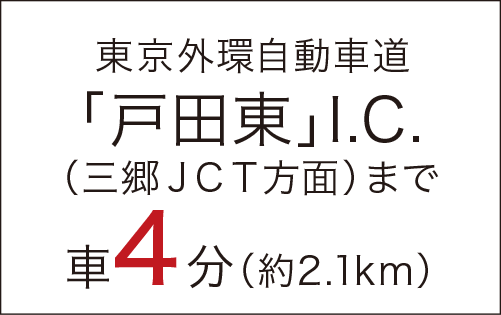 東京外環自動車道「戸田東」I.C.（三郷ＪＣＴ方面）まで車4分（約2.1km）