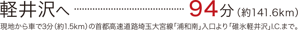 軽井沢へ	94分	（約141.6km）／現地から車で3分（約1.5kｍ）の首都高速道路埼玉大宮線「浦和南」入口より「碓氷軽井沢」I.C.まで。