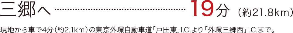 三郷へ	19分	（約21.8km）／現地から車で4分（約2.1kｍ）の東京外環自動車道「戸田東」I.C.より「外環三郷西」I.C.まで。