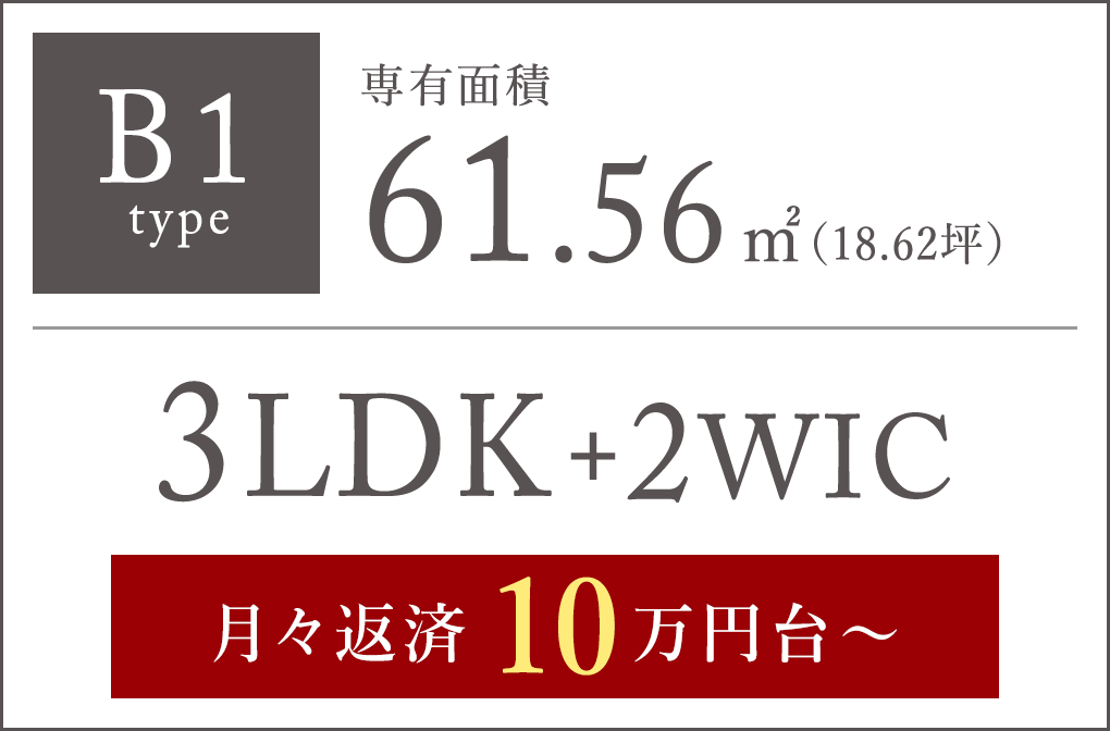 B1 type｜専有面積61.56㎡（18.62坪）｜3LDK+2WIC